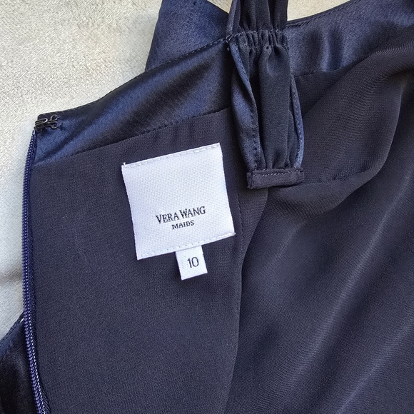 Vera Wang Navy Blue Satin Dress 10 Embellished Collar Rhinestones - Picture 8 of 11